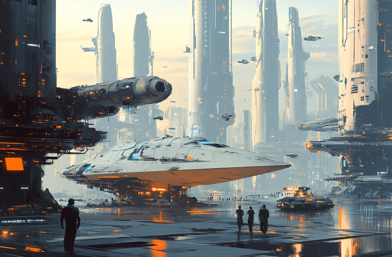 AI generated: A futuristic spaceport with tall, slender structures resembling towering spires, each adorned with s...