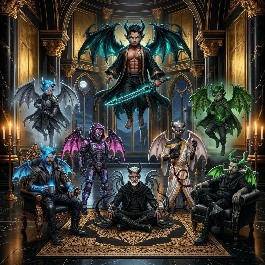 AI generated: make every demon in this image into a miniature version of themselves with little devil wings with c...