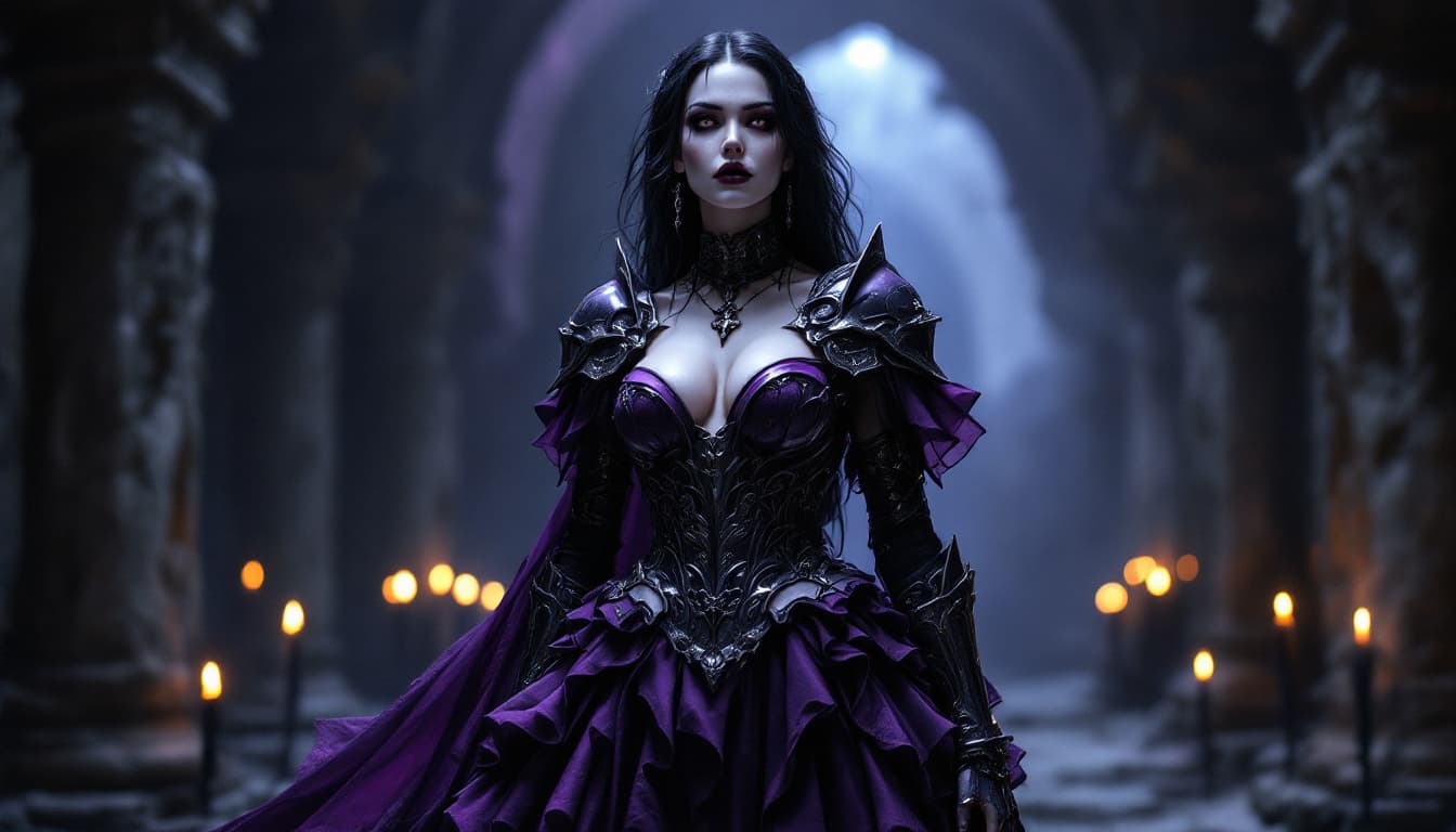 AI generated: A Vampire Female, Black Hair and Pale skin, stands fierce in a old forgotten crypt illuminated by bl...