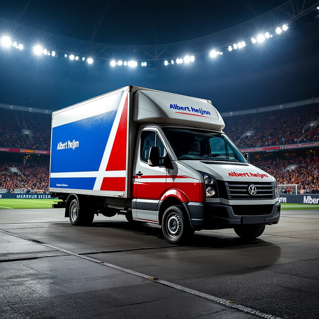 AI generated: Volkswagen Crafter box truck in Albert Heijn colors, Albert Heijn logo along the side, parked inside...