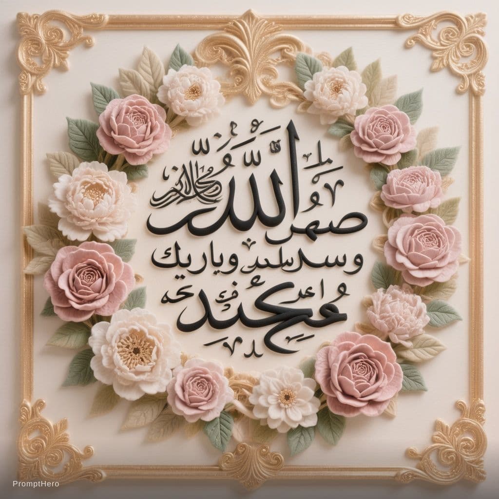 AI generated: luxury Islamic wall art plaque, perfectly centered Arabic calligraphy كتابة واضحة لعبارة "اللهم صل و...
