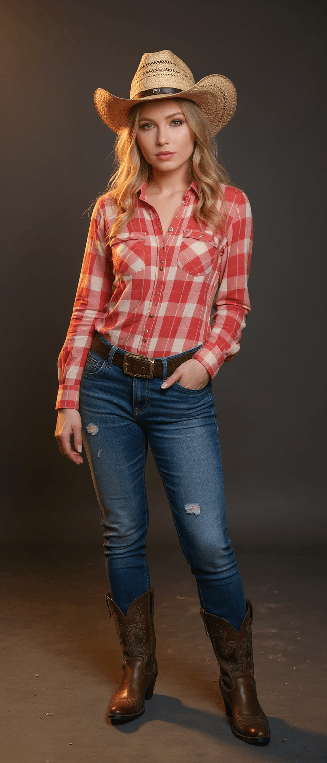 AI generated: A beautiful blonde woman wearing cowboy boots and a hat, looking at the camera. She is wearing red, ...