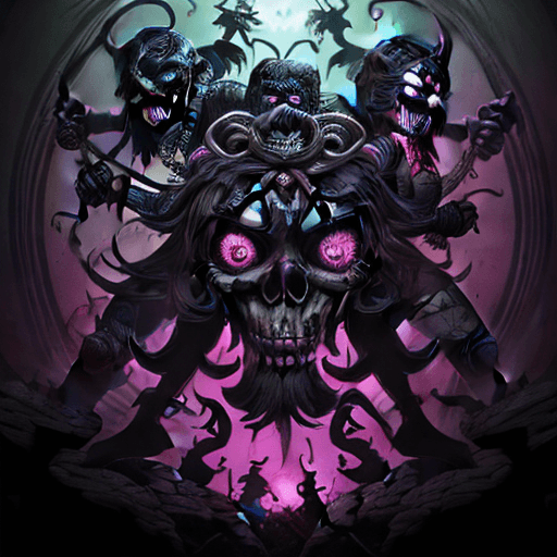 AI generated: Smiling Dark Puppet Fighting Monsters, A Dark Fantasy in Escher's Style, Skull & Bones, Neon Multico...