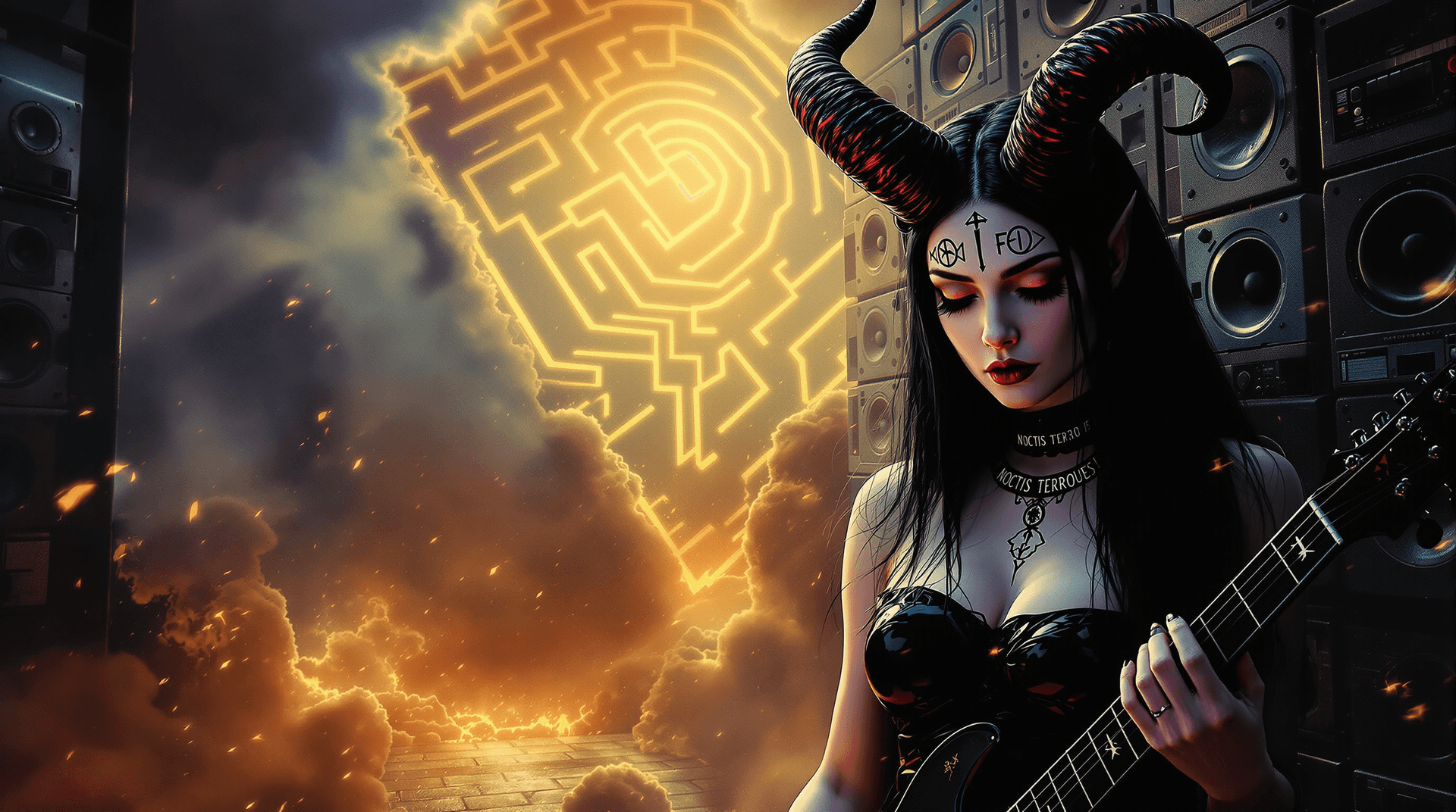 AI generated: A record-album cover, fantasy art: A powerful yet vulnerable female demon, reminiscent of Beksiński'...