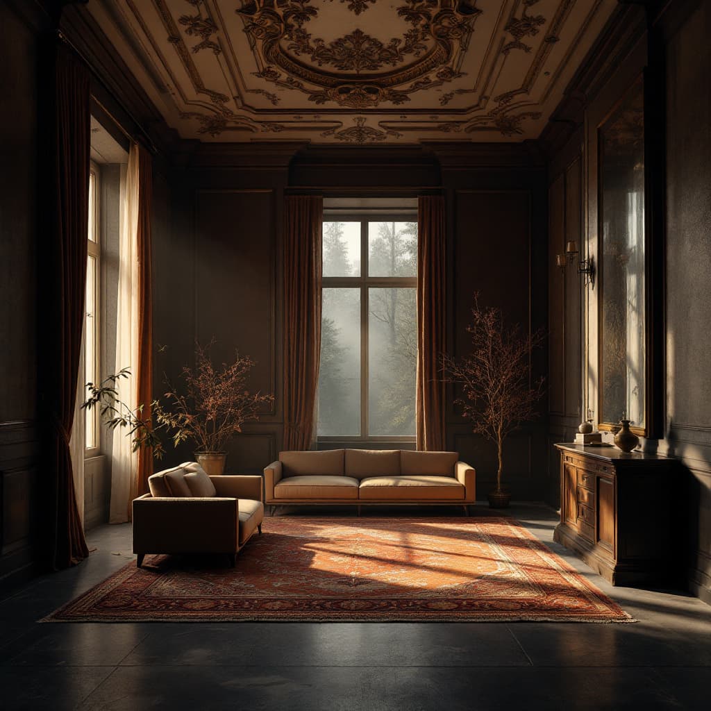 AI generated: A moody, cinematic interior scene without furniture — only architectural atmosphere and texture. Orn...