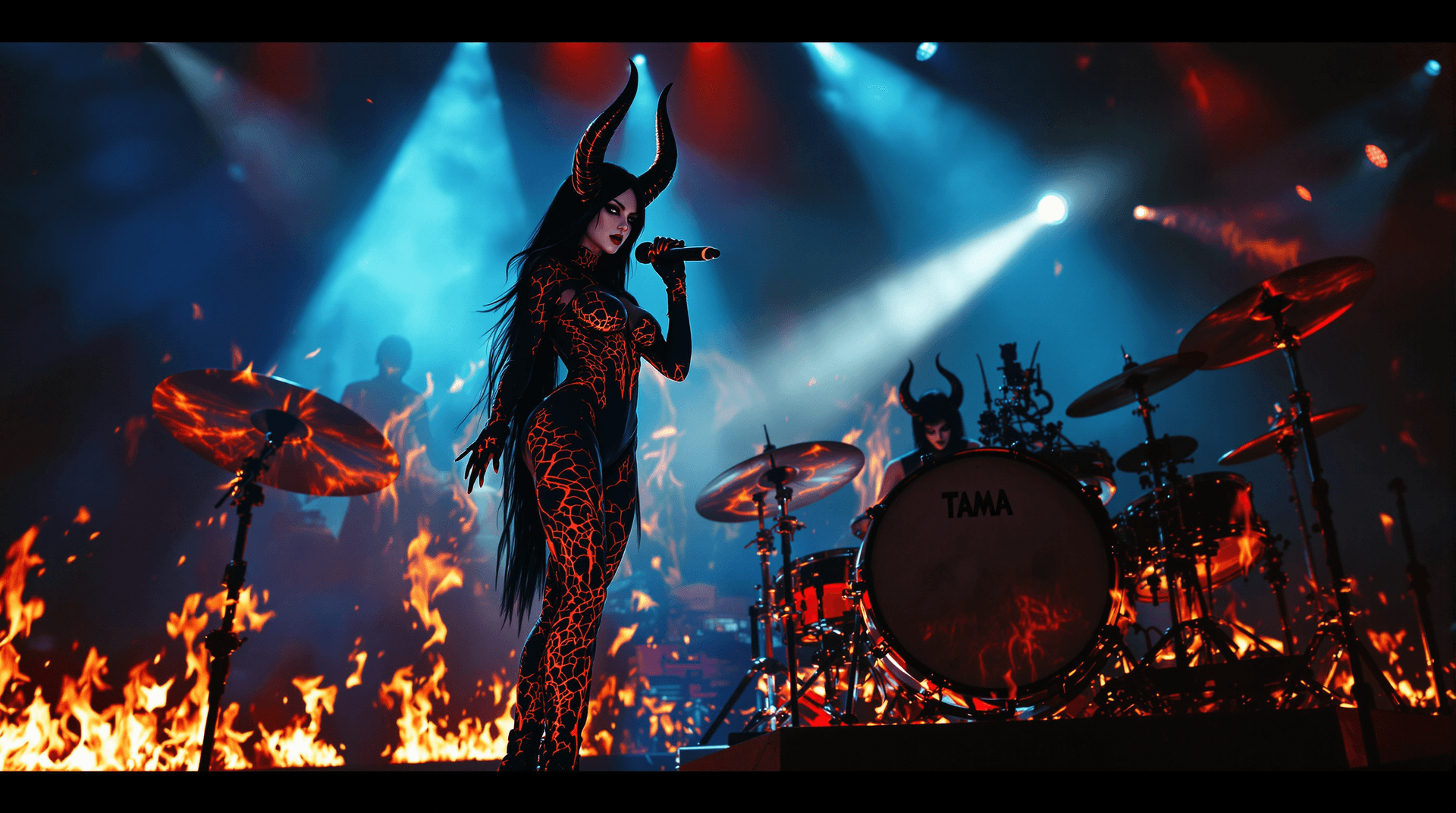 AI generated: Two female demon characters on a dark concert stage:

CHARACTER 1 - LILITH (Frontwoman - Vocal):

Fe...