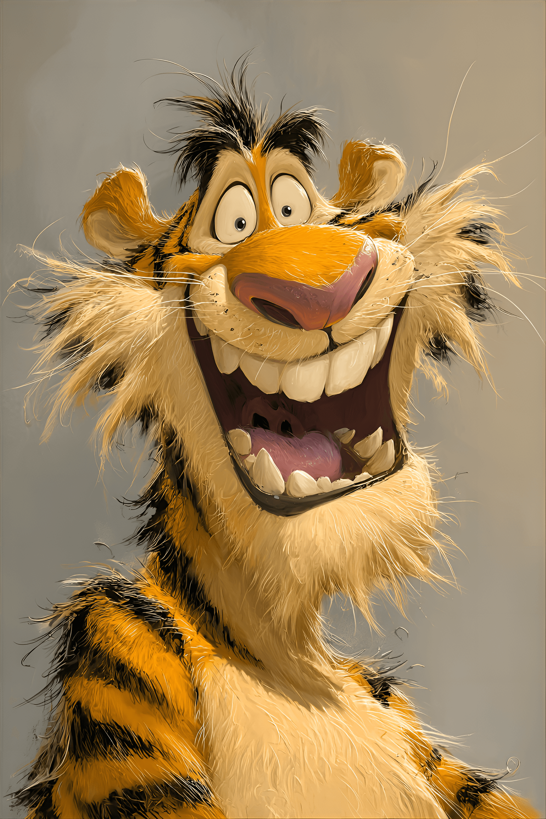 AI generated: funny caricature, comical tiger character, male, unspecified ethnicity, 35 years old, wild-eyed, too...