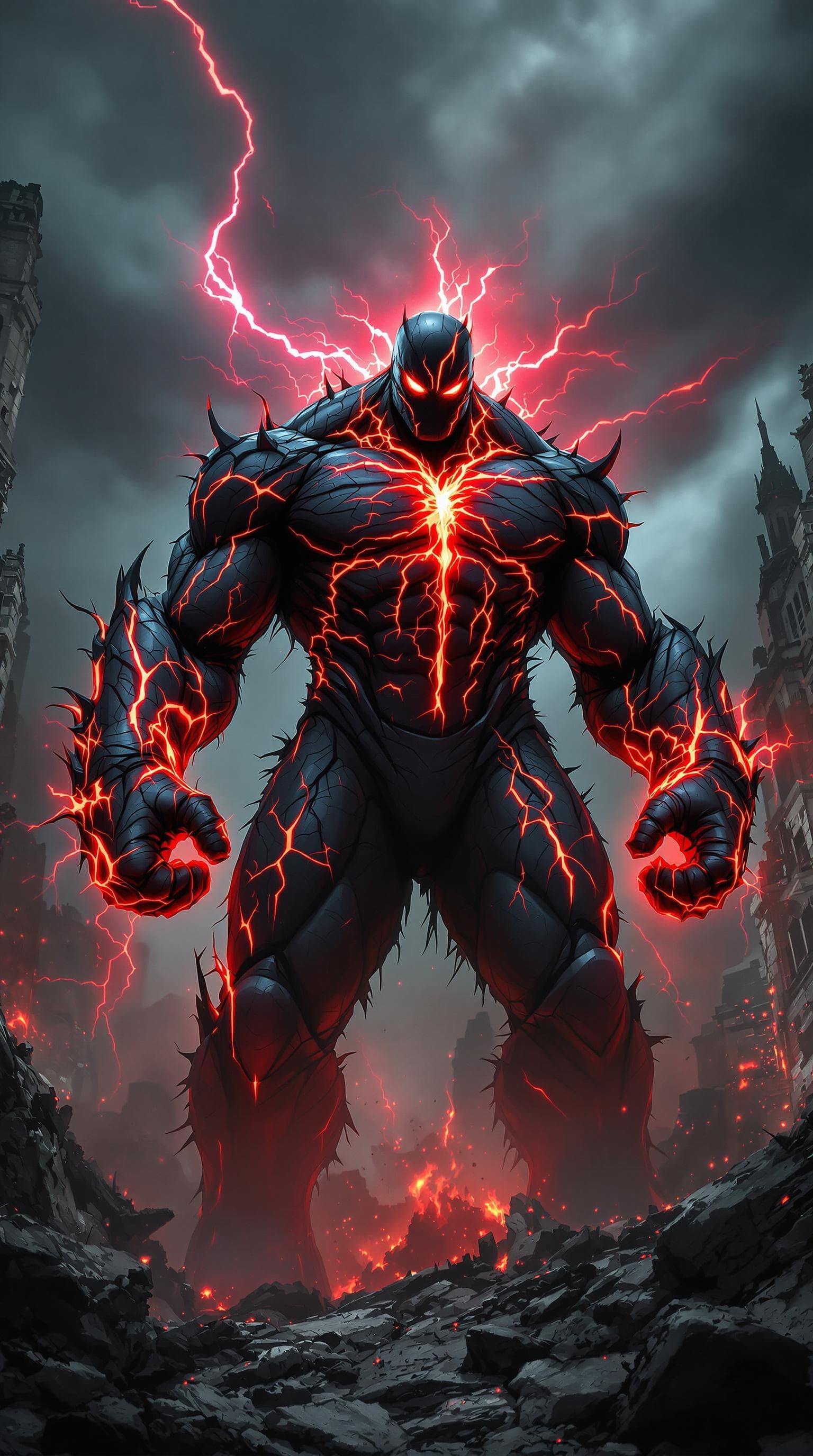 AI generated: A monstrous, hulking figure stands amidst a crumbling cityscape, his body radiating raw, chaotic ene...