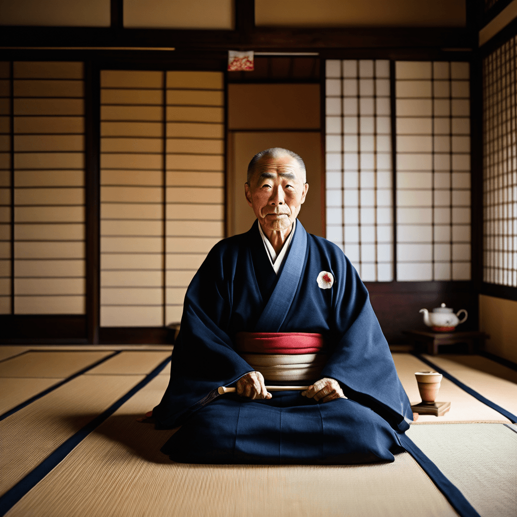 AI generated: An elderly 75-year-old Japanese tea master, dressed in traditional kimono and performing a precise t...