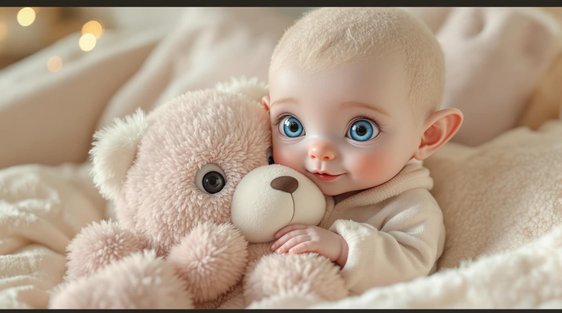 AI generated:  a beautiful and cute alien babie, with bright blue eyes, wearing adorable pyjamas, hugging and play...