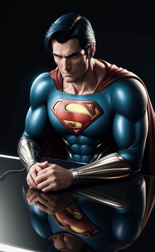 AI generated: earphone on the table with the design and character of Superman The earphone is gold and blue dark, ...