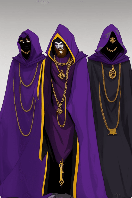 AI generated: Shadow wizard money gang, in purple cloak hood, dark face, gold chains and jewellery
