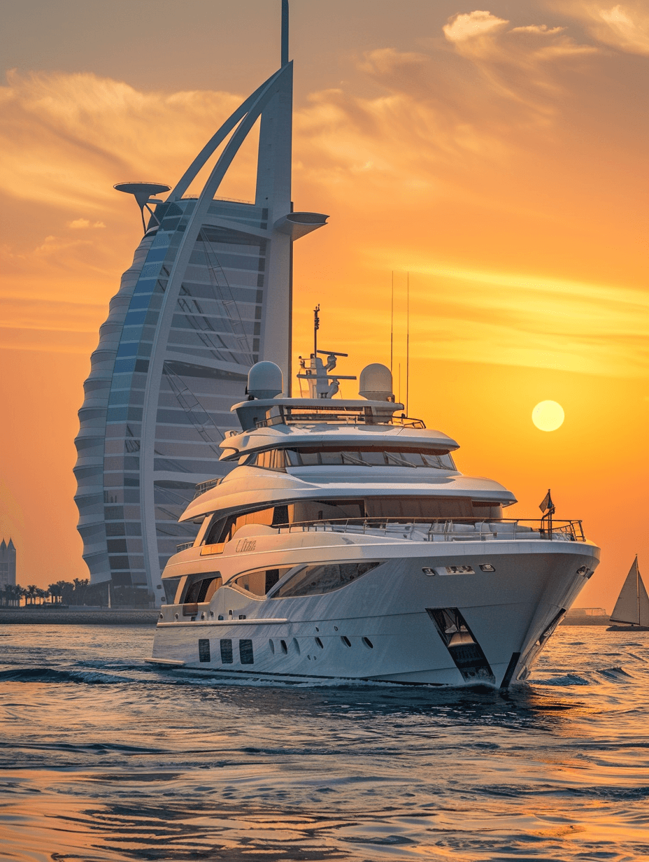 AI generated: Photograph a luxury yacht cruising with the iconic Burj Al Arab in the background,sunset, Nikon D850...