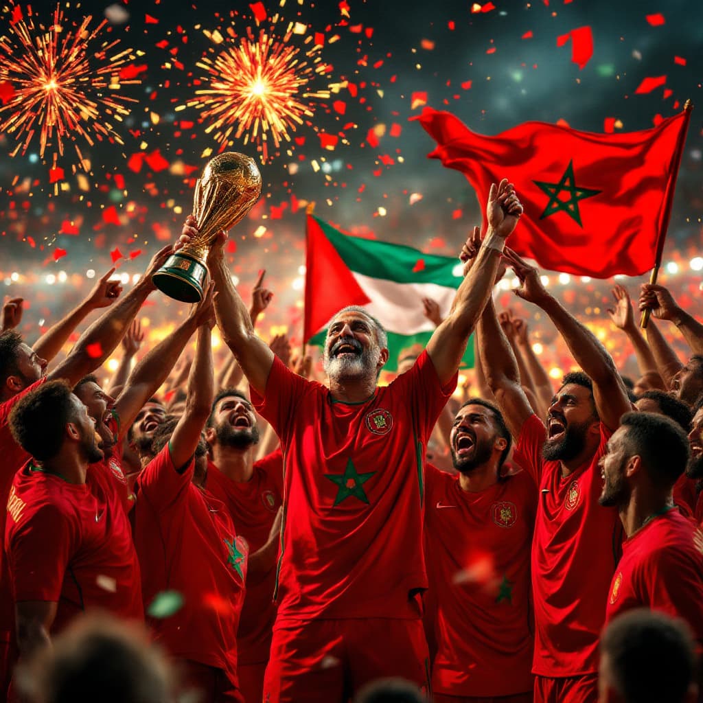AI generated: National Moroccan Team of Football wining the World cup 2030 in Morocco with vibrant and huge happy ...