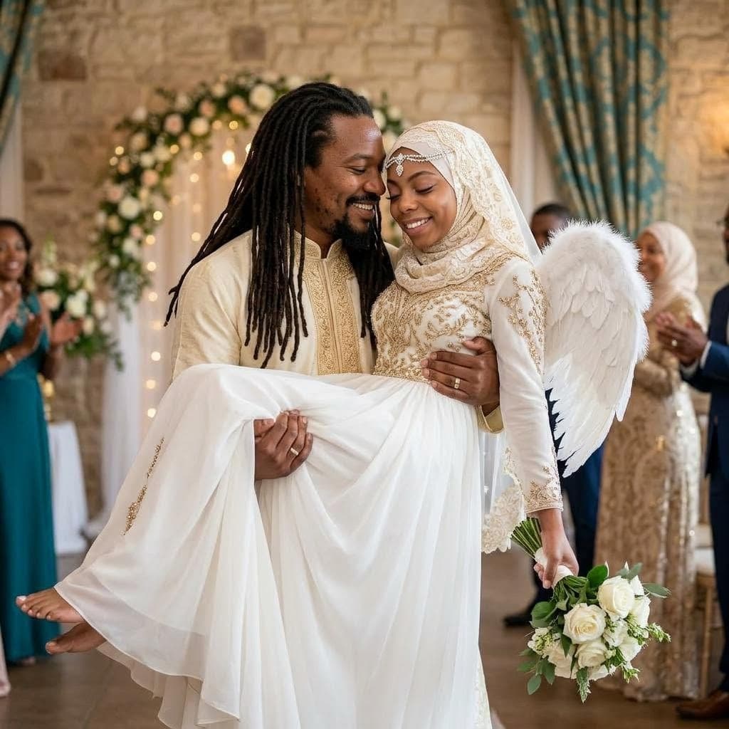 AI generated: look at the male's hair, make it come down to show his locs. also give us our wedding photo of her a...