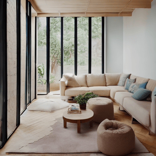 AI generated: High resolution photography interior design, dreamy sunken living room conversation pit, wooden floo...