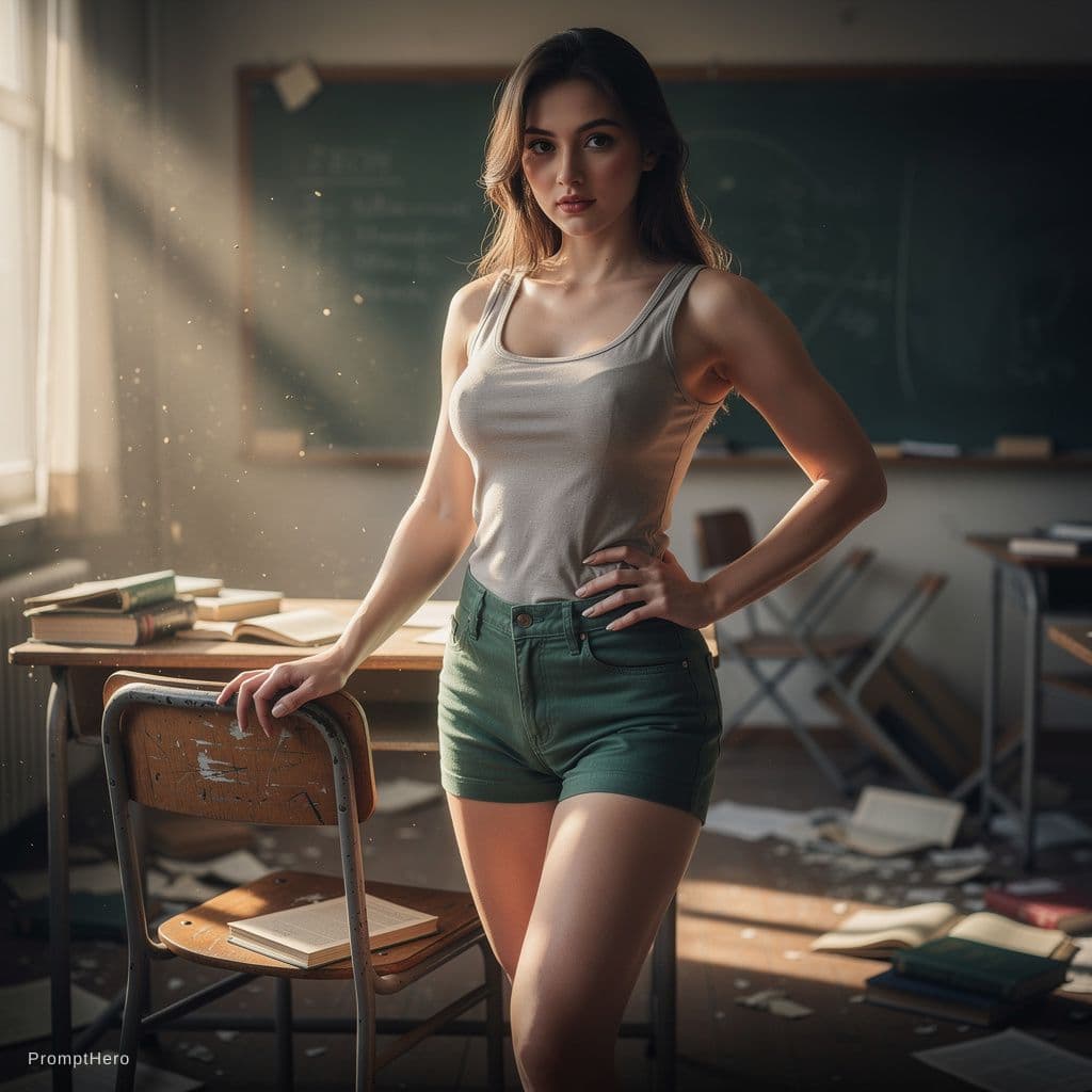 AI generated: A nude young woman poses seductively in a deserted classroom, styled in Artgerm's vibrant photograph...