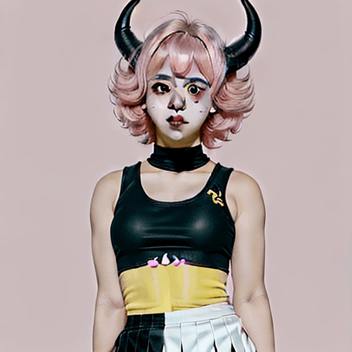 AI generated: solo, ashido mina, pink skin, yellow eyes, black sclera, horns, pink hair, mini skirt, singlet