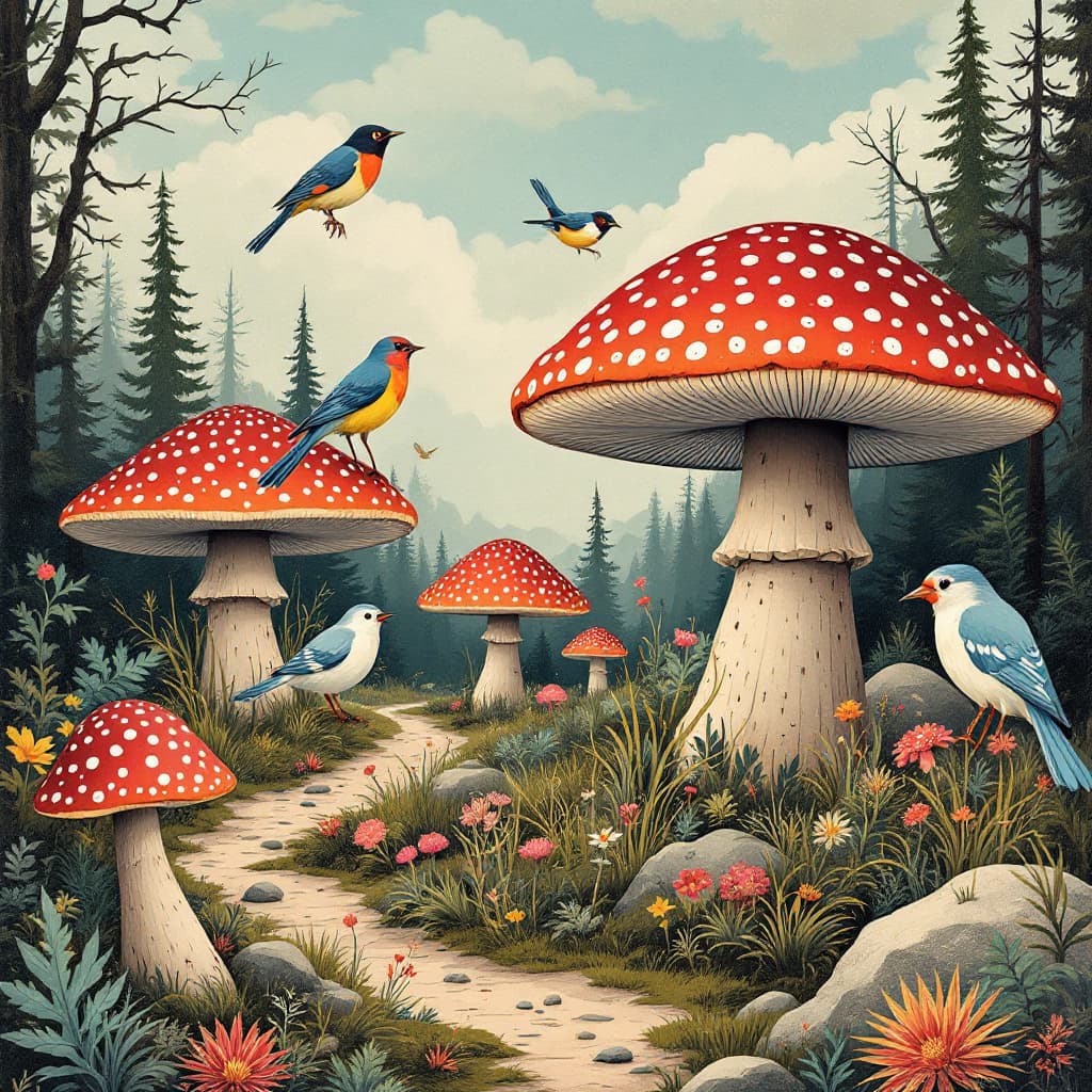 AI generated: a collage illustration of birds and giant mushrooms in a dystopic natural environment, collage retro...