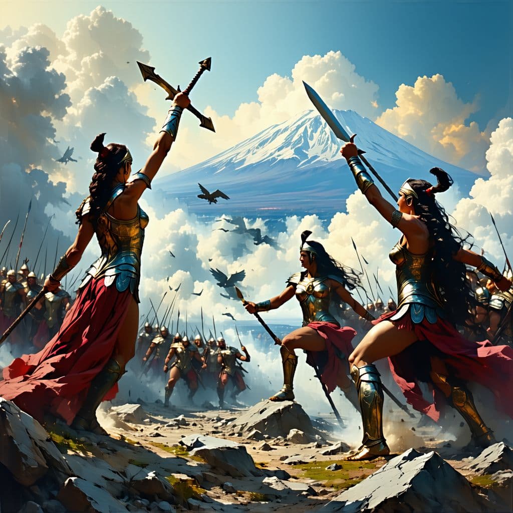 AI generated: Amazon women fighting kronos to save mankind from destruction from the corrupt king of the titans. t...
