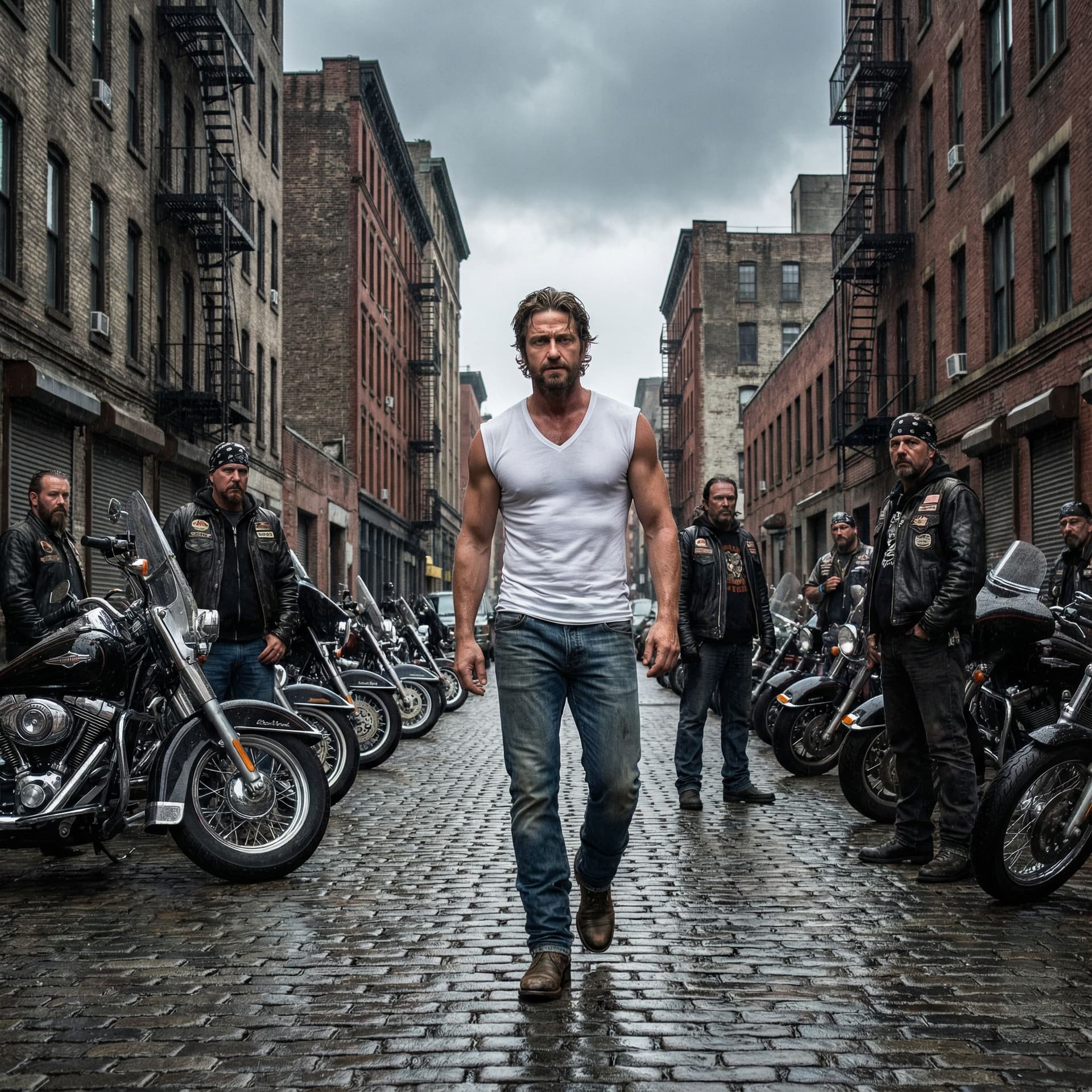 AI generated: Ultra-realistic cinematic street scene, 16:9 aspect ratio. A lone man walks steadily down a New York...