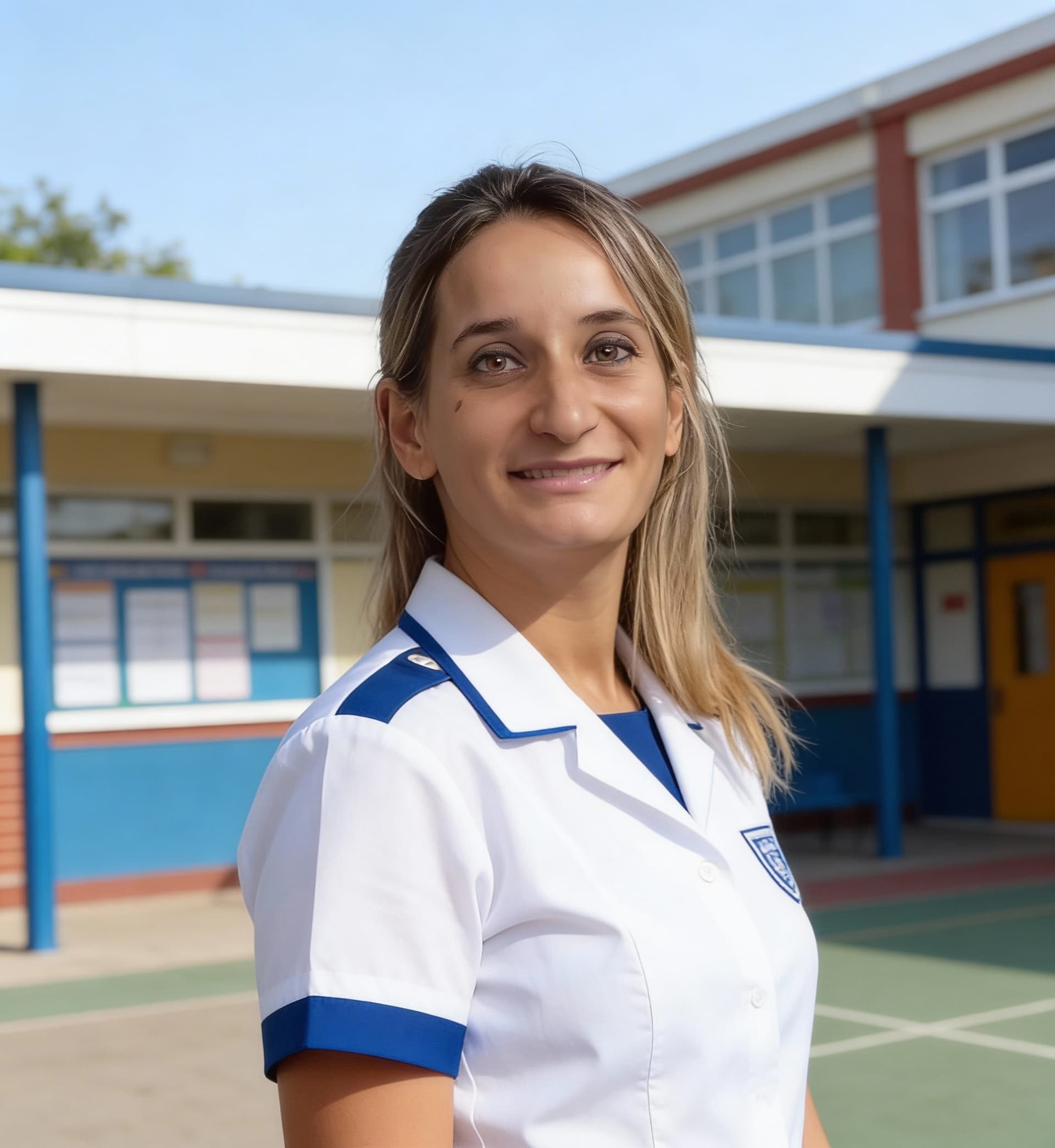 AI generated:  school, white school uniform, short sleeves, blue uniform