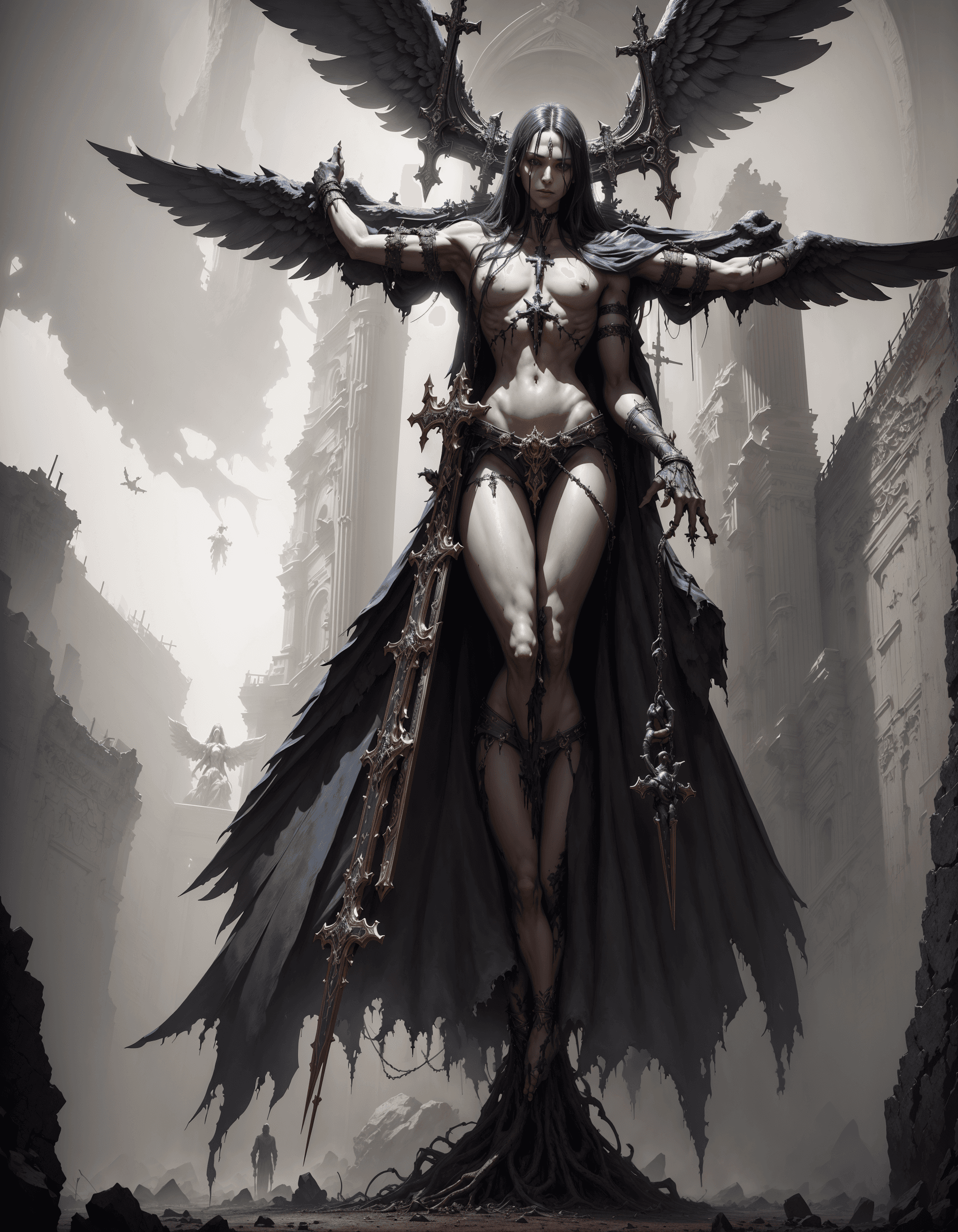 AI generated: dark ritual, massive crucifix and an angel nailed to it, concept video game art, schematics, strong ...