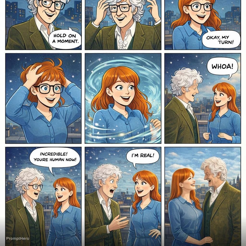 AI generated: Generate images: Full comic page images Jon pertwee white curly hair fringe blue eyes from toon in H...