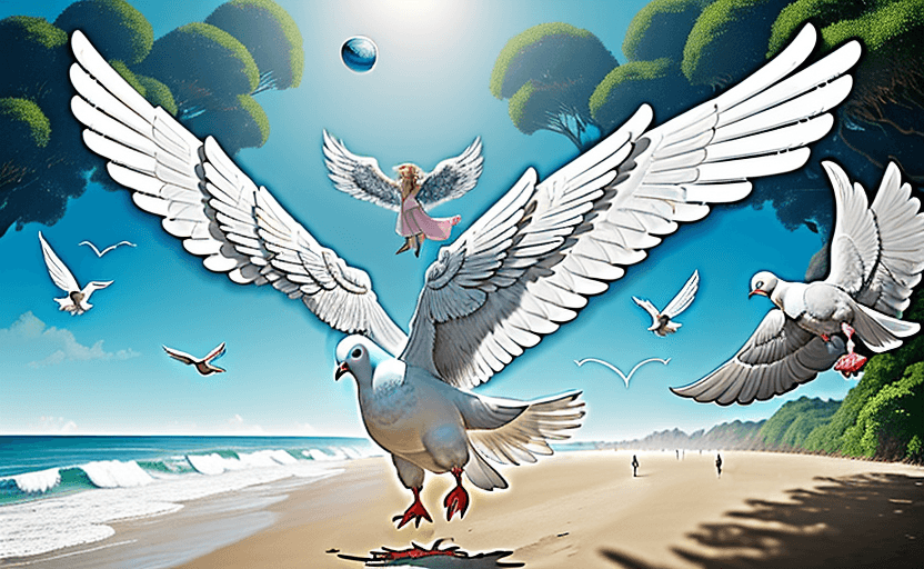 AI generated: big angelic pigeon with huge wings and has in his stomach a heart shape and inside it there's the pl...