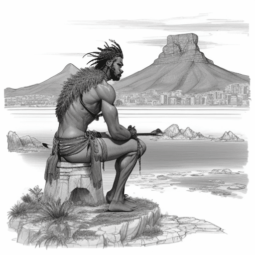 AI generated: A stringy South African bushman, or Koi San, stares out over a sunken Cape Town. Table mountain loom...