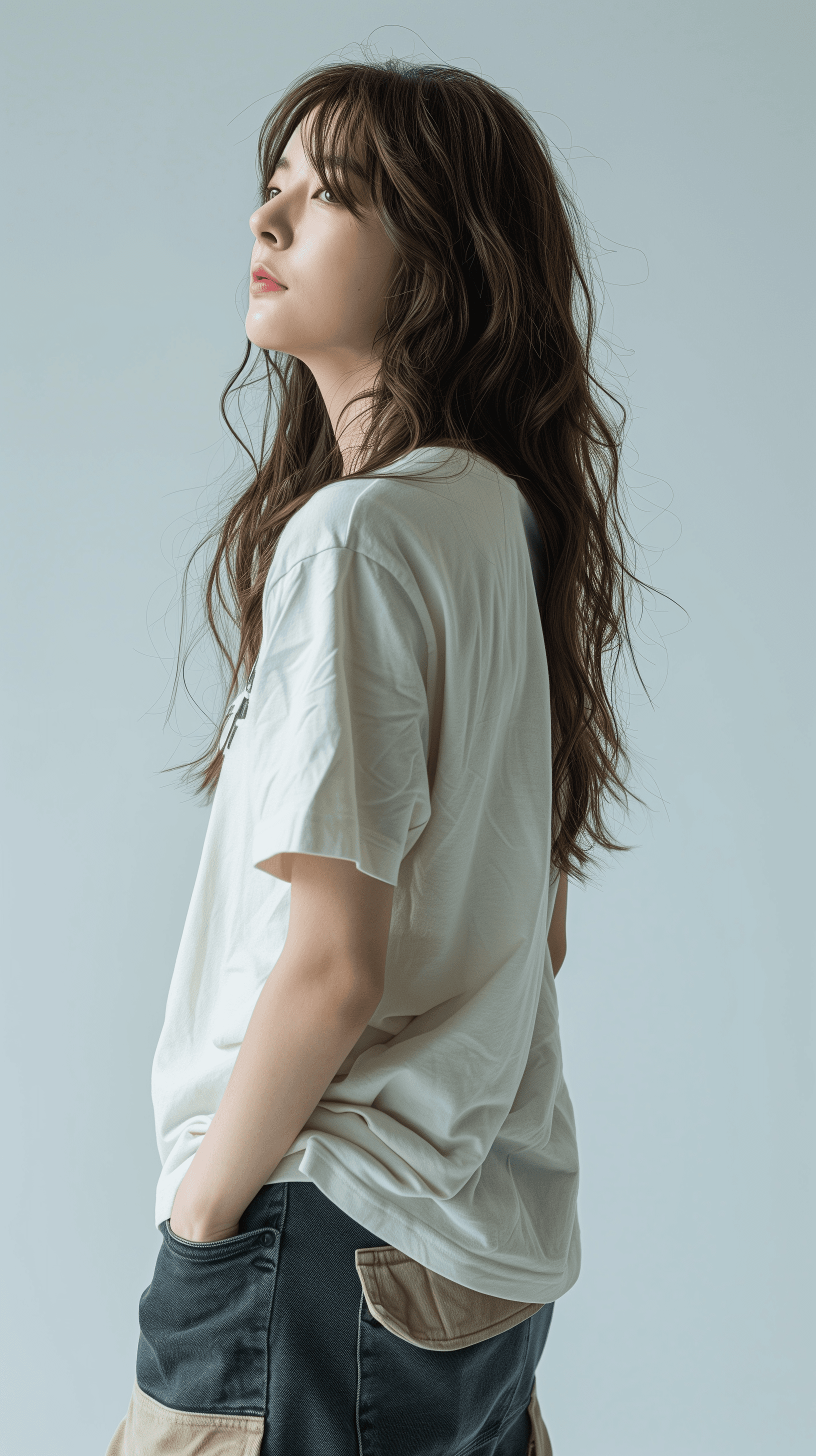 AI generated: magazine cover, side view, upper-body shot, fashion photography, used camera Sony α9 II with Sony FE...