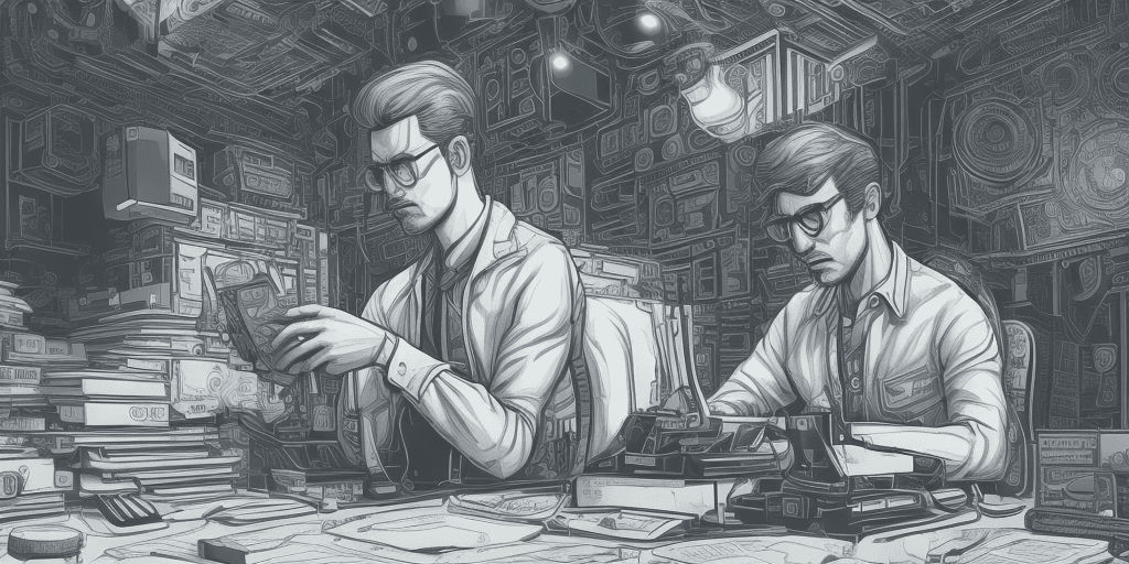 AI generated: A shockingly detailed monochromatic vector illustration of a software developer examining a laptop w...