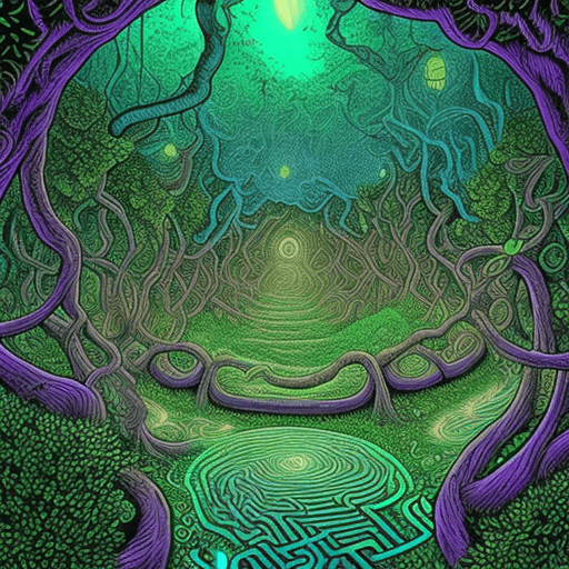 AI generated: 🫧🪐🫶🏻🧞‍♀️ Ivy bioluminescence swirling maze, Dan Mumford Jack Yerka Mike McKone Greg Simkins