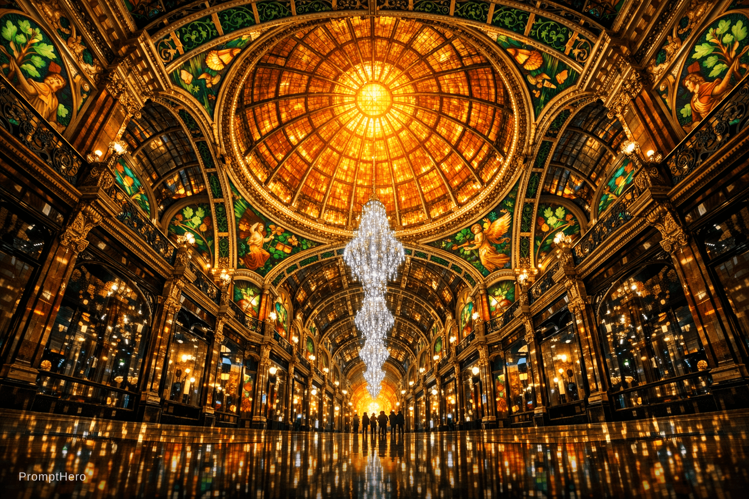 AI generated: A low upward-looking shot inside the County Arcade, the ornate Victorian ironwork and terracotta cei...