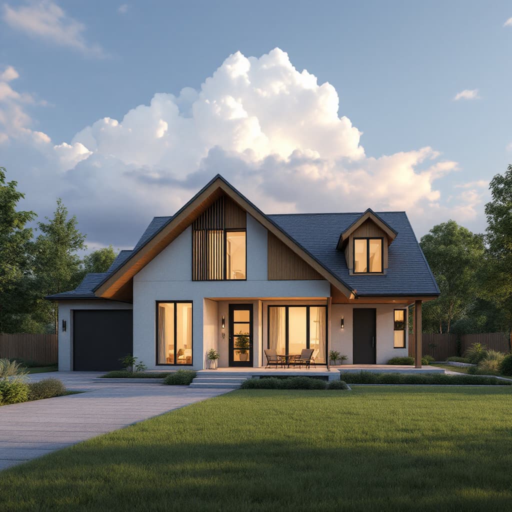 AI generated: high-end Residential house with a new roof - ultra realistic photograph. beautiful sky and nature ba...