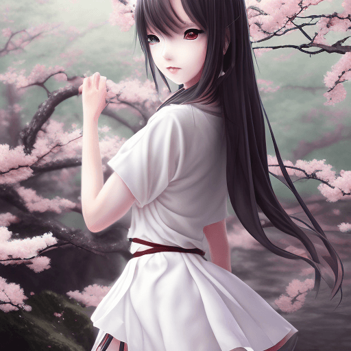 AI generated: anime girl in full white outfit holding Japanese tshirt and wearing black skirt, in the style of tra...