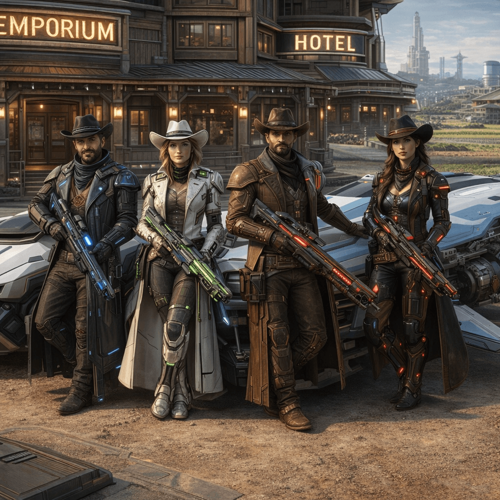 AI generated: Create an image of four futuristic, but different-looking, Human Cowboys and Cowgirls, posing comfor...