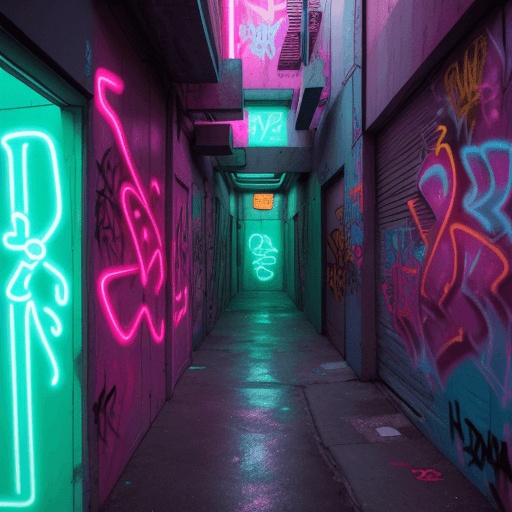 AI generated: Neon-drenched alleyways reveal hidden graffiti masterpieces.