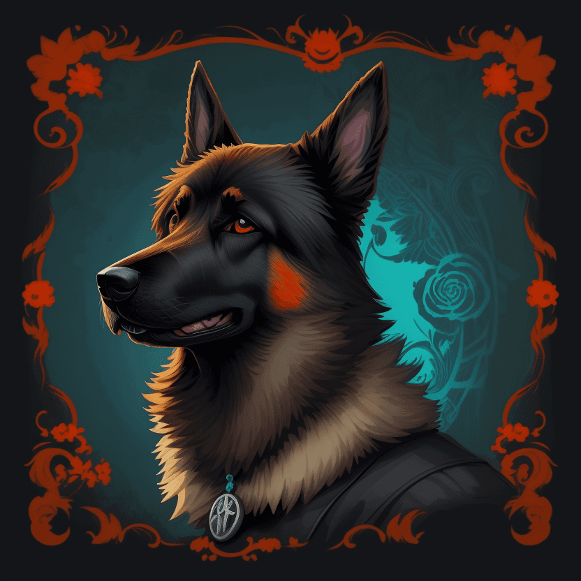 AI generated: illustration of a gentleman german shepherd dog, in the style of 2D game art, cyan and orange, 32k u...