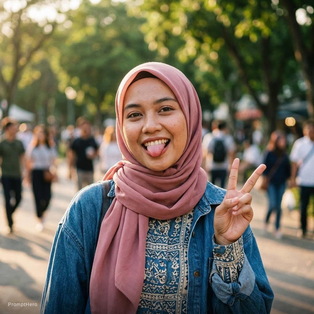 AI generated: A hijab malay beautiful girl with tongue out and do peace sign