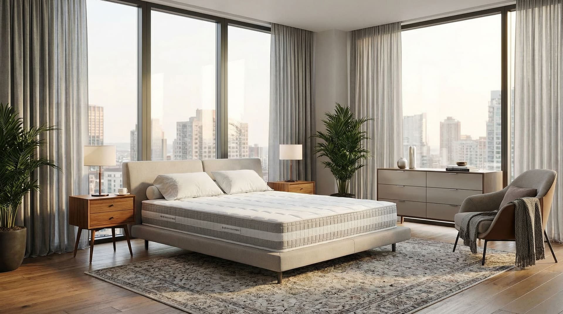 AI generated: place this matress on a bed in a bedroom moderne with a back xindox and furniture

