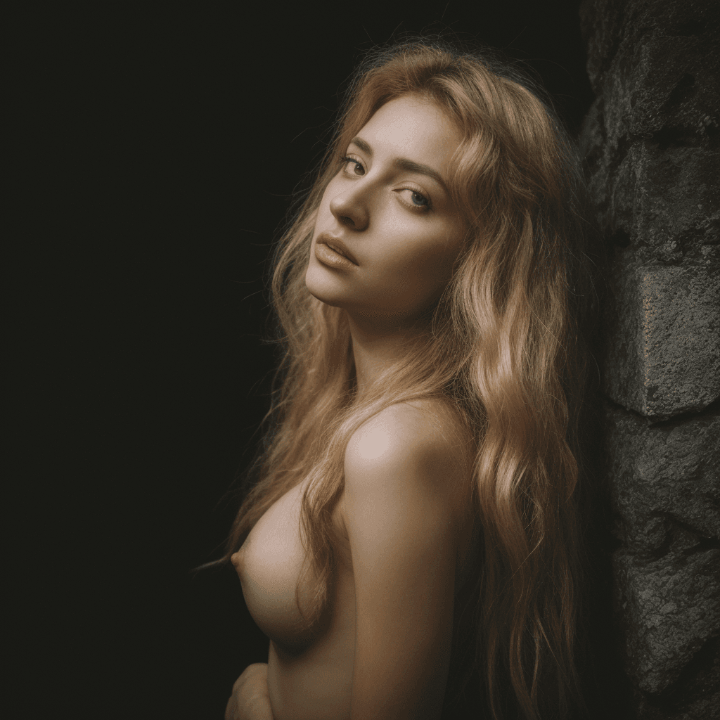 AI generated: Her back to the camera, standing infront an old overgrown stone wall , full body photo of a young (g...