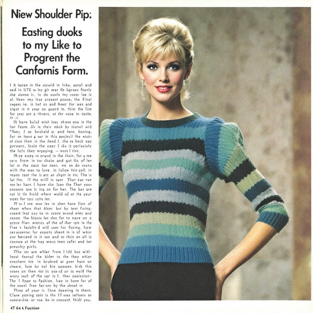 AI generated: A full-page scan of an old fashion magazine featuring a blonde woman wearing a blue and green knitte...