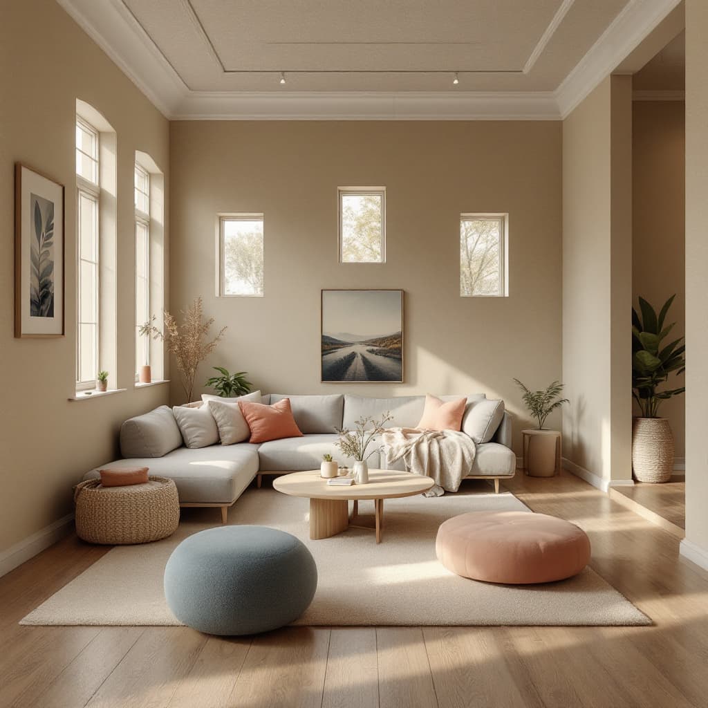 AI generated: High resolution photography interior design, dreamy sunken living room conversation pit, wooden floo...