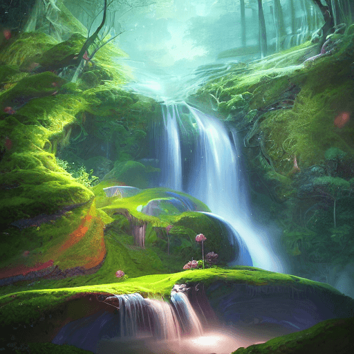 AI generated: Rainbow Waterfalls flowing up to the cliffs above in an enchanted forest on Pluto, Photorealistic, D...