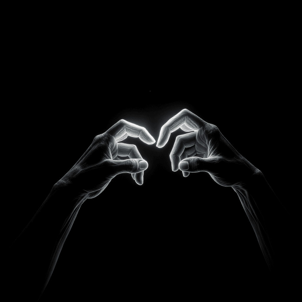 AI generated: Two divine hands, sculpted from light, reaching for each other, about to touch. Dramatic chiaroscuro...