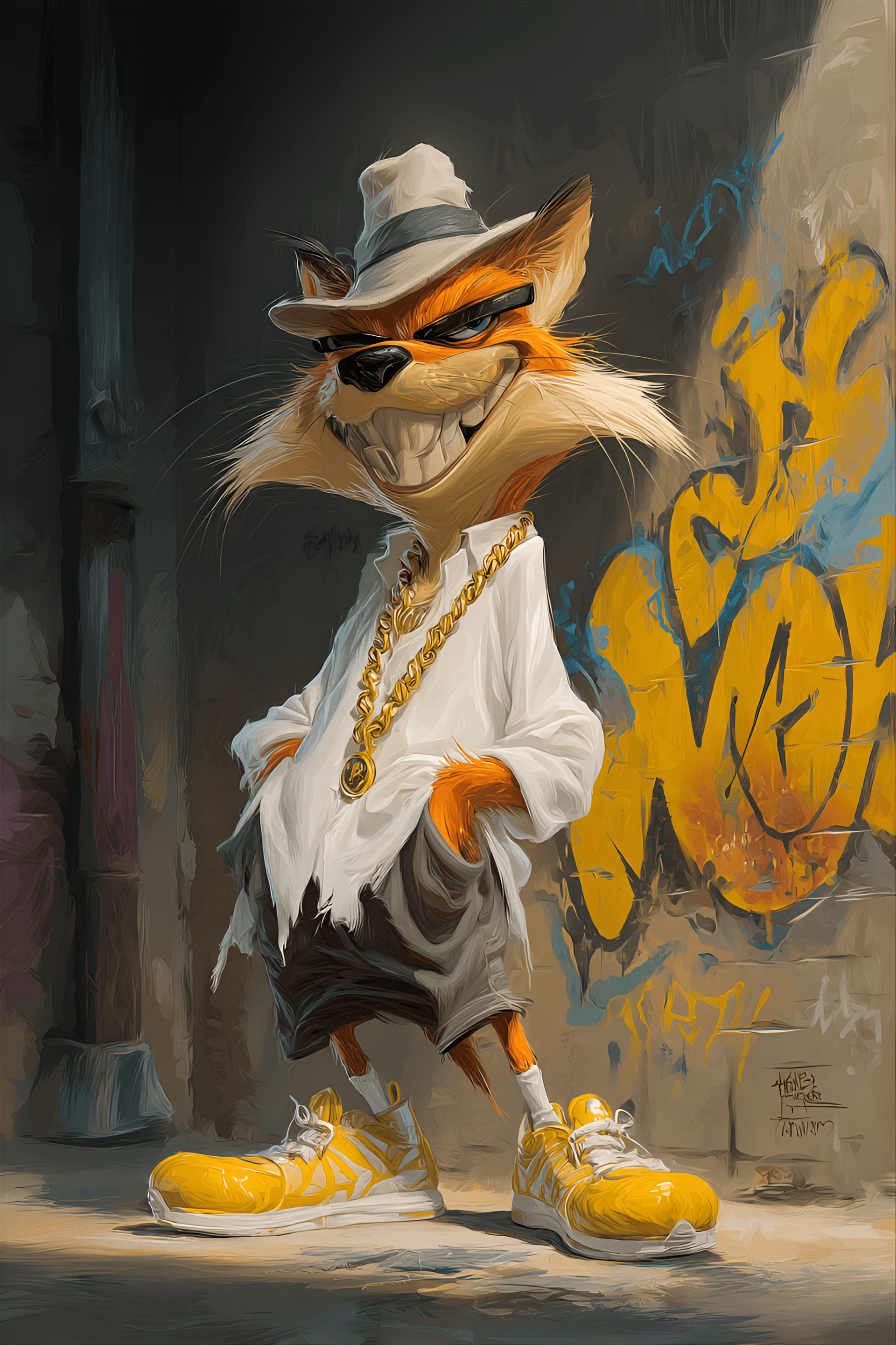 AI generated: funny caricature, gangster fox character caricature, elderly european male, 67 years old, slick fur,...