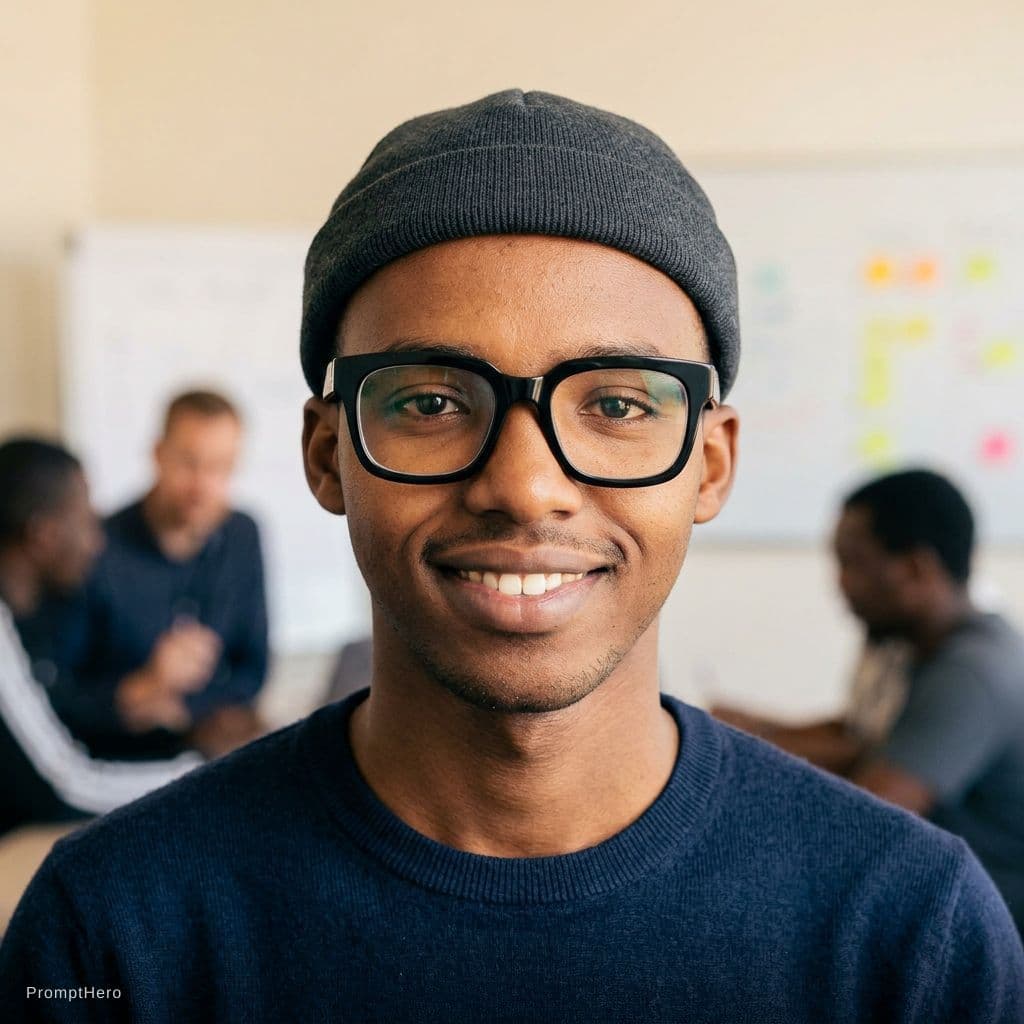 AI generated: high-resolution, one young adult male portrait, casual vibe, in his thirties, short casual hat flat,...