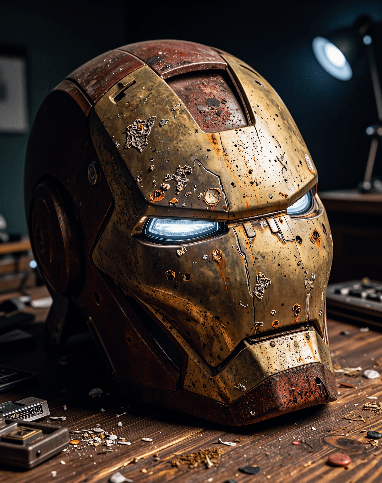 AI generated: A corroded Iron Man helmet with jagged metal fractures, deep rust streaks, and pitted surface textur...