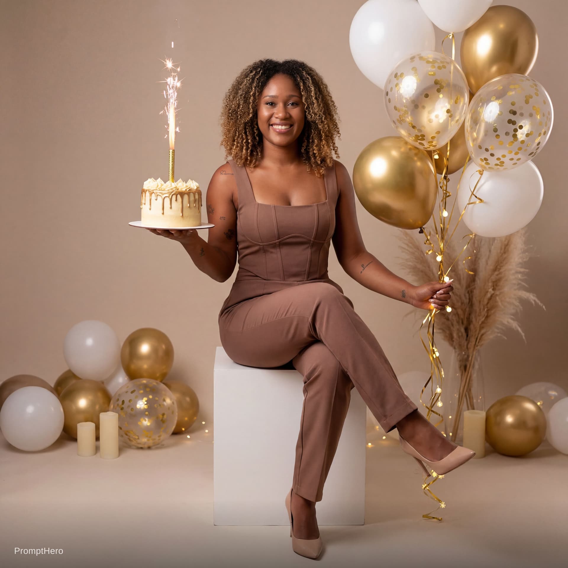 AI generated: Professional studio birthday portrait, recreating the exact same setting, lighting, clothing, pose, ...